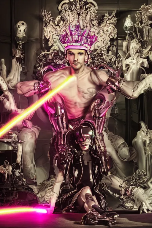 Image similar to full-body rococo and cyberpunk style neon statue of a muscular attractive Liam Payne macho dotado e rico android sim roupa reclining con las piernas abertas e la piroca dura, glowing white laser eyes, prince crown of pink gears, diamonds, swirling silver-colored silk fabric. futuristic elements. full-length view. space robots. human skulls. intricate artwork by caravaggio. Trending on artstation, octane render, cinematic lighting from the right, hyper realism, octane render, 8k, depth of field, 3D