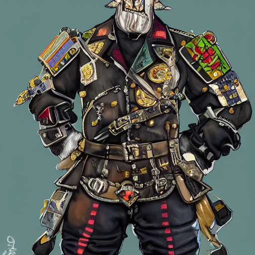 Prompt: portrait of a middle aged half orc, wearing a patchwork military uniform jacket with cut sleeves and many charms and baubles worked into the fabric, with an upturned collar. thin fangs showing through his lower jaw with a bemused smile. blueish grey eyes staring intently with a definite intelligence. final fantasy character