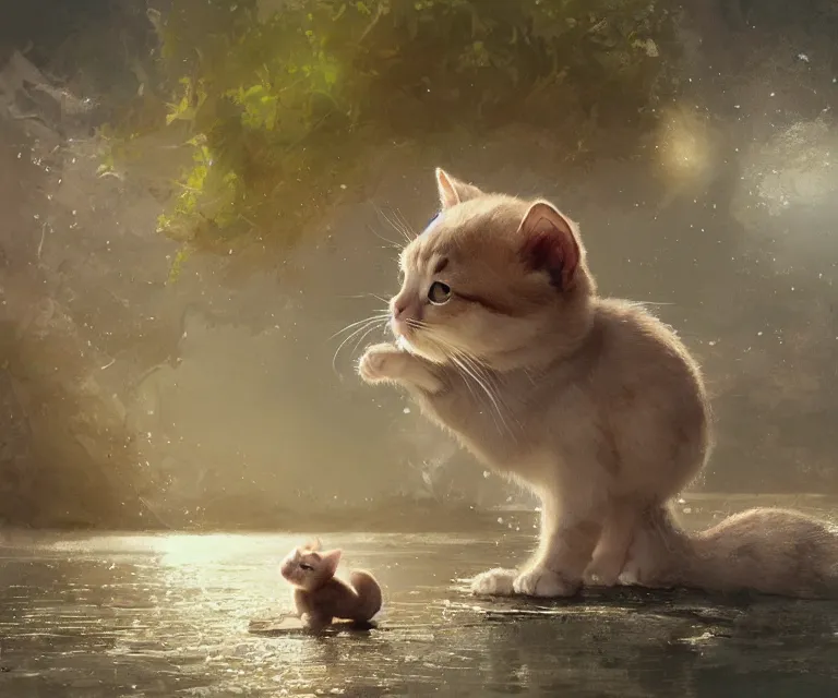 Image similar to a painting of a cute light beige brown kitten at a river. character design by cory loftis, fenghua zhong, ryohei hase, ismail inceoglu and ruan jia. volumetric light, detailed, rendered in octane