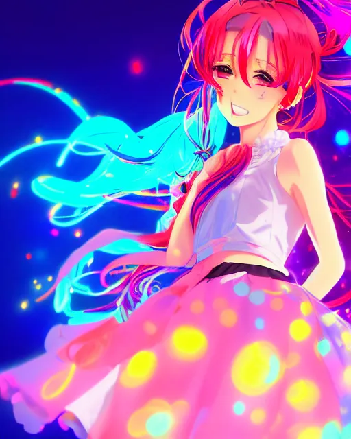 Prompt: anime style, vivid, expressive, full body, 4 k, painting, a cute magical girl idol with a long wavy colorful hair wearing a colorful dress, correct proportions, stunning, realistic light and shadow effects, neon lights, studio ghibly makoto shinkai yuji yamaguchi, wlop