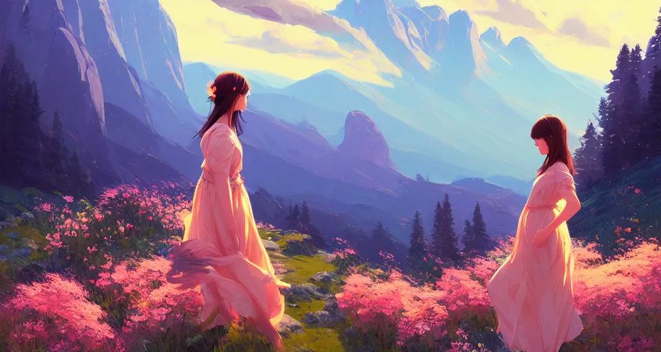 Image similar to a girl clothed in serene flowers behind a beautiful mountain landscape, night setting. realistic shaded lighting poster by ilya kuvshinov katsuhiro, magali villeneuve, artgerm, jeremy lipkin and michael garmash, rob rey and kentaro miura style, trending on art station