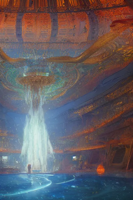 Image similar to Concept Digital Art Highly detailed Alien Art Deco Riza 4 lazy river inside of the Vosian Opera with glowing orange water at midnight, starfleet, by greg rutkowski, Ilya repin, alphonse mucha, and Edmund Blair Leighton. Very highly detailed 8K, exquisite rendering, octane, drum scanner, Digital painting, the golden ratio, rational painting, sharp