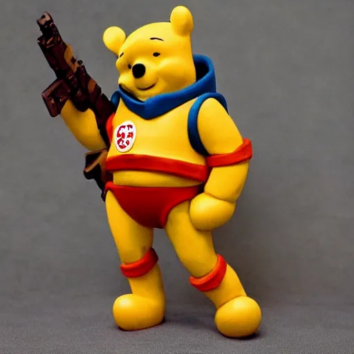 Image similar to winnie the pooh wearing a full suit of space marine power armor and wielding a boltgun