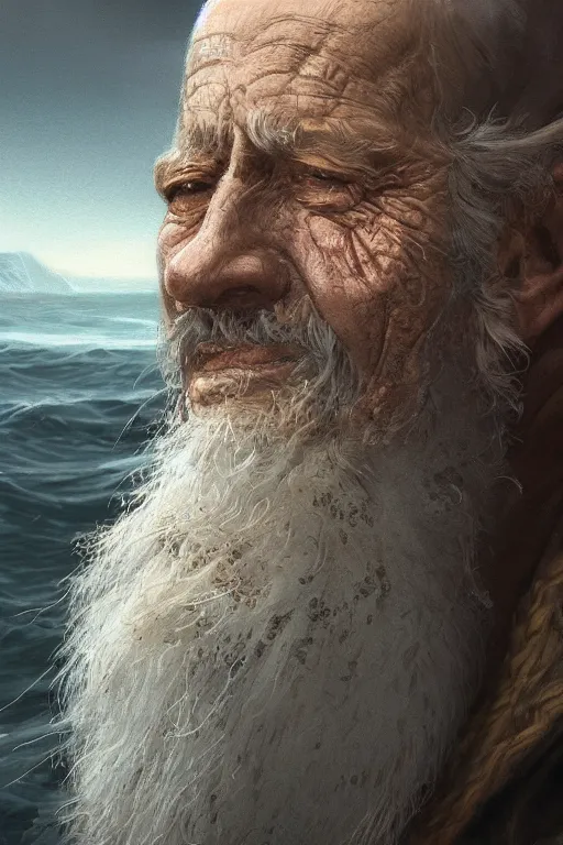 Prompt: close up portrait of an old fisherman, d & d, face, fantasy, intricate, elegant, highly detailed, digital painting, artstation, concept art, smooth, sharp focus, illustration, art by greg rutkowski