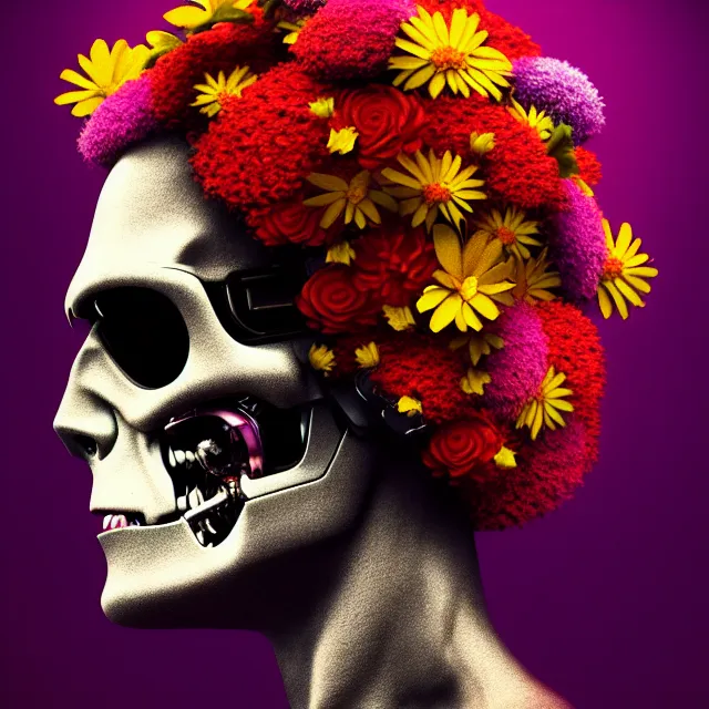 Image similar to portrait of the terminator with a a flower afro made out of various flowers, eating flowers, dramatic cinematic lighting, bold colors, 8 k, beautiful intricate painting, hyper realistic, octane render