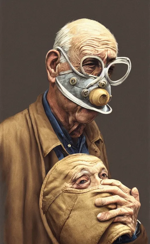 Image similar to old man doing hard work with their mask, do what we can, by paul lung, then leave it to god by samuel silva, non fiction, baroque, confidently, consistency, stability, elegantly, highly detailed, 8 k uhd, justify content center, artstation, concept art, matte, sharp focus, illustration, art by artgerm