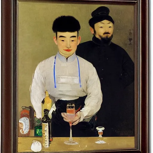 Image similar to portrait of a male chinese android bartender by edouard manet