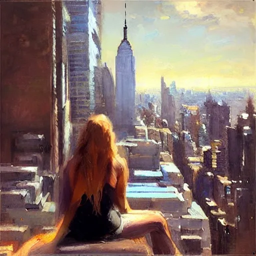 Image similar to “ girl sitting on a roof looking down at a futuristic new york city below, extremely detailed, by daniel gerhartz ”