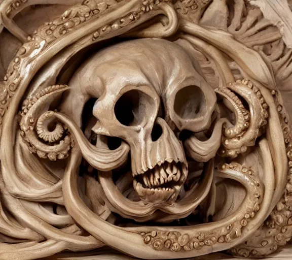 Prompt: an intricately detailed carving in an alien - octopus skull, rococo ornate bone and ivory sculpted skull with teeth and tentacles, horror, artifact, micro detailed, inscribed with occult symbols, otherworldly