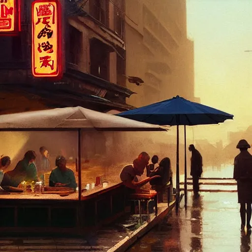 Image similar to people eating at street food noodle shop, chillwave, electronic billboards, tech noir, wet reflections, atmospheric, ambient, livia prima, greg rutkowski, edward hopper, pj crook