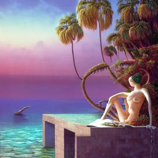 Image similar to masterpiece, hyperrealistic surrealism, award winning masterpiece with incredible details, epic stunning, infinity pool, a surreal vaporwave liminal space, highly detailed, trending on ArtStation, broken giant marble head statue ruins, calming, meditative, pink arches, flowing silk sheets, palm trees, very vaporwave, very very surreal, sharp details, artgerm and greg rutkowski and alphonse mucha, daily deviation, IAMAG, geometric dreamscape