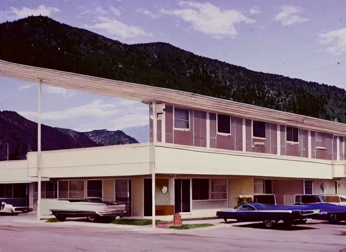 Prompt: a midcentury modern motel in salt lake city utah in the year 1 9 6 7