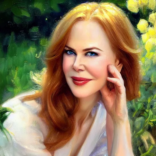 Image similar to closeup portrait of nicole kidman in the garden, morning, highly detailed, ultrarealistic oil painting, vladimir volegov, artstation