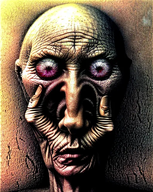 Image similar to close up portrait of sandman's dream with no eyes and wrinkly hands for face drawn by beksinski, high definition, lovecraftian