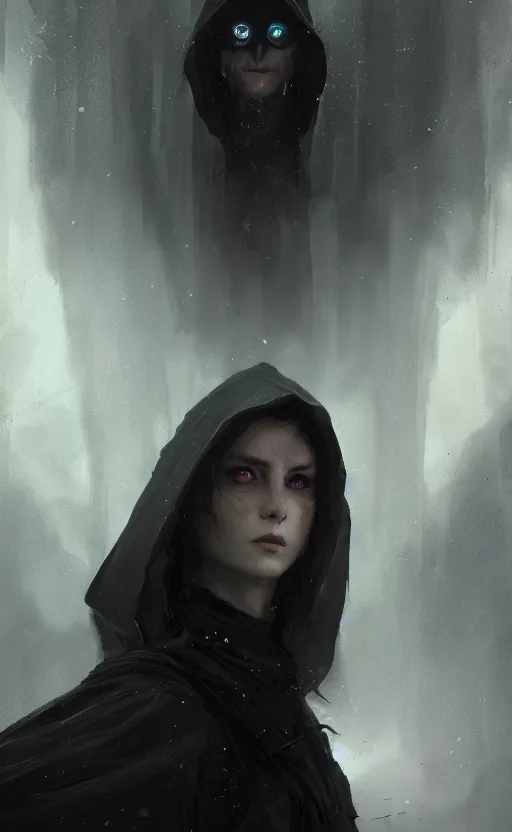 Image similar to Portrait of an elf in a black cloak with glowing eyes, detailed face, fantasy, highly detailed, cinematic lighting, digital art painting by greg rutkowski