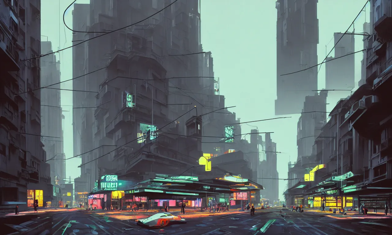 Image similar to photorealistic streetscape, simple brutalist architecture, metal, concrete, wet streets, white neon lights, colorful neon signs, flying vehicles, pedestrians, syd mead, ralph mcquarrie, doug chiang, concept art, matte painting, finely detailed, minimal artifacts, rule of thirds, dynamic lighting, cinematic, denoised, centered, artstation