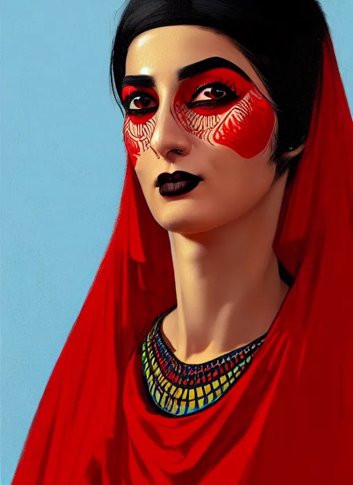 Image similar to portrait of an egyptian woman with a crooked nose and a confident expression, 1 9 6 0 s, red clothes, goth, punk, funk, intricate, elegant, highly detailed, digital painting, artstation, concept art, smooth, sharp focus, illustration, art by wlop, mars ravelo and greg rutkowski