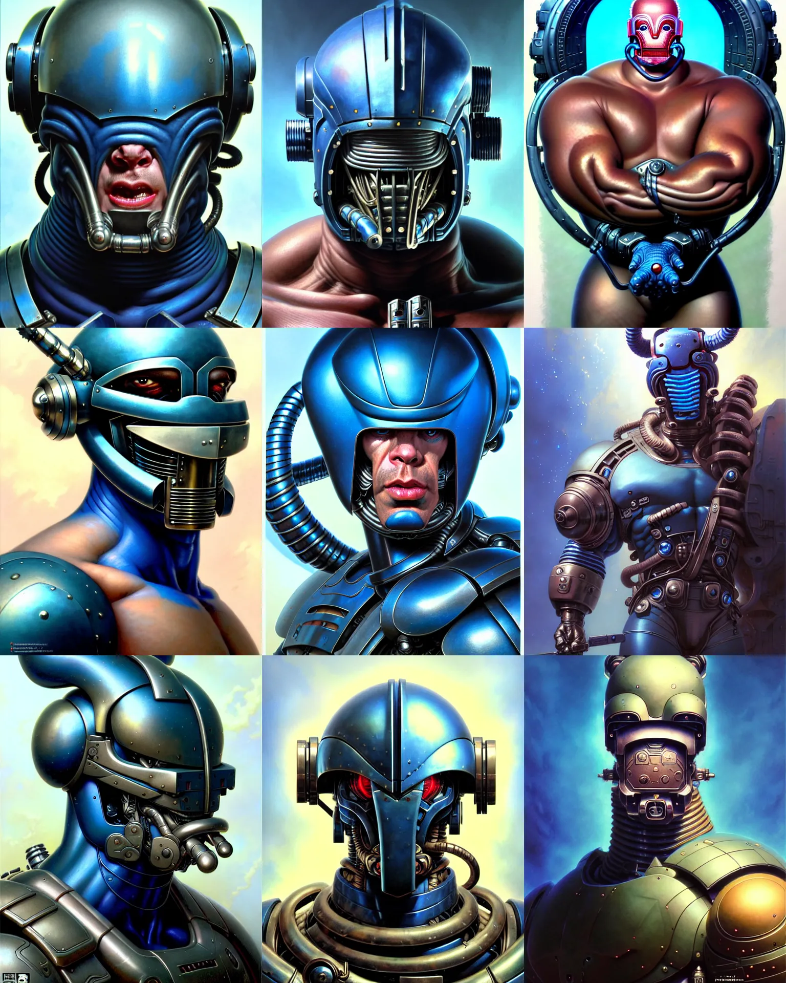 Prompt: solid thick super muscly male portrait, blue helmet, large metal jaw, trapjaw, ultra realistic, intricate details, the fifth element artifacts, highly detailed by peter mohrbacher, allen williams, hajime sorayama, wayne barlowe, boris vallejo, aaron horkey, gaston bussiere, craig mullins
