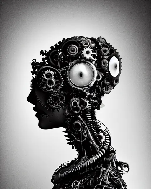 Image similar to black and white dreamy foggy profile face portrait, one steampunk eye biomechanical beautiful young female cyclope - cyborg - robot bust, body ribs meshes,, volumetric light, hibiscus flowers, by hg giger, rim light, by dora maar and cecile beaton, big gothic fashion pearl embroidered collar, 8 k