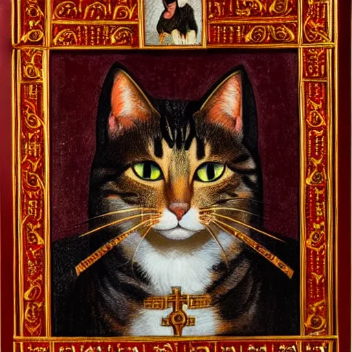 Prompt: a magnificent portrait of a cat made as an orthodox icon, medieval, dark, red color prominent, gold, 4 k, 8 k, hd, highly detailed,