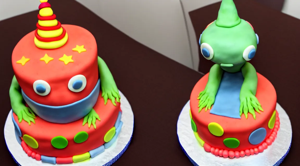 Prompt: beautiful birthday cake with an alien figure