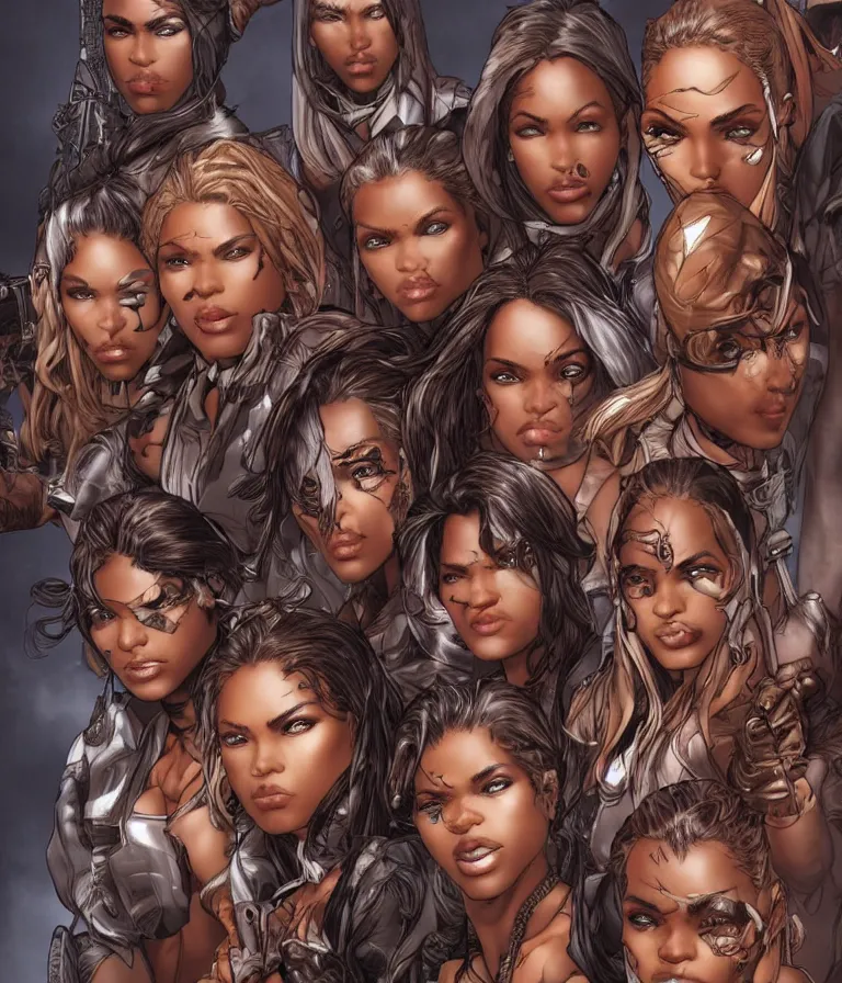 Image similar to a group of female thieves with unique clothes, brown skin, and different hair colours, beautiful, symmetrical facial features, detailed faces, intricate detail, smooth, sharp focus, arnold rendering, art by pepe larraz,