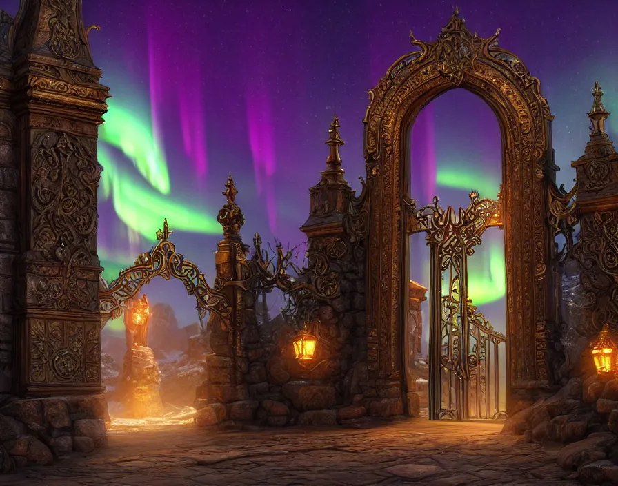 Prompt: a very detailed concept art of intricate and well designed magical gates infused with aurora borealis, dynamic lighting, trending on artstation, path traced, highly detailed, high quality, digital art, 4 k, hyper realistic, octane render, sharp focus