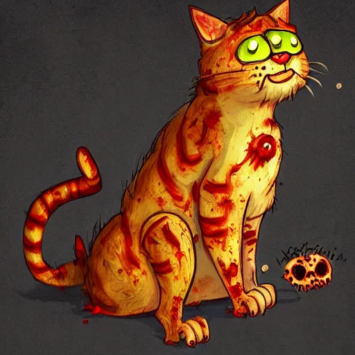 Image similar to a zombie Garfield the cat, by WLOP, horror, wounds, bloody, dark fantasy, trending on artstation