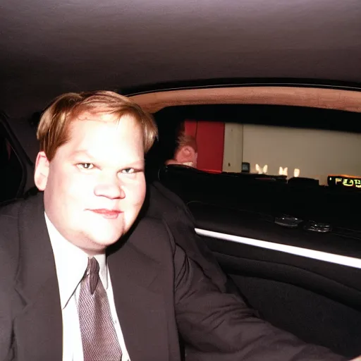 Image similar to 1 9 9 8 andy richter wearing a black wool coat and necktie in his car driving through the streets of chicago at night, pov back seat of car, cozy atmosphere