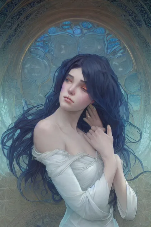 Image similar to perfect blue, dreamy and ethereal,, fantasy, intricate, elegant, highly detailed, digital painting, artstation, concept art, smooth, sharp focus, illustration, art by artgerm and greg rutkowski and alphonse mucha