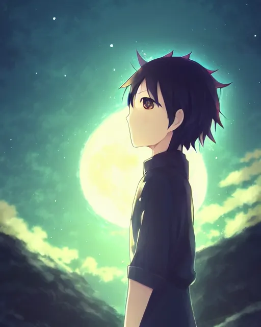 Image similar to chibi, cute, melancholy, full body, male anime character, long dark hair, stunning art style, filters applied, lunar time, night sky, trending art, sharp focus, centered, landscape shot, fate zero, simple background, studio ghiblyi, makoto shinkai, yuji yamaguchi, by wlop