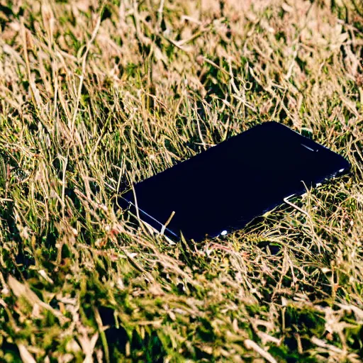 Prompt: an iphone surrounded by grass, top down picture, iphone on the grass