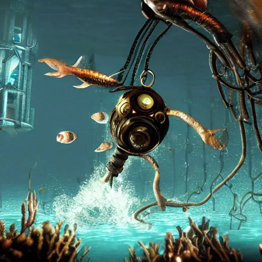 Image similar to rapture bioshock, city at sea floor, water, submerged, seaweed, fish, realistic, detailed, underwater, dark, underwater underwater underwater underwater underwater