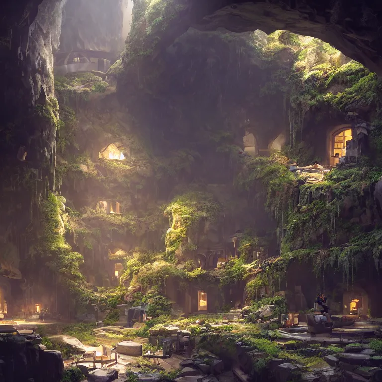 Image similar to secret overwatch habitation quarters carved inside a cave, sheltered, magical, natural light, planters, central tree, candle light, cinematic lighting, clean lines, cozy, fantasy, minimalist architecture, sharp focus, concept art, by greg rutkowski and craig mullins,, octane render 8 k