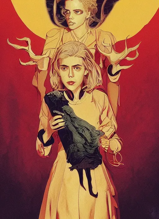 Prompt: poster artwork by Michael Whelan and Tomer Hanuka, Karol Bak of Kiernan Shipka dressed as satanist, from scene from Twin Peaks, clean