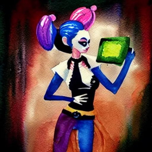 Prompt: “watercolor of Harley Quinn holding mallet”