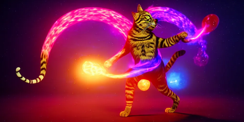 Image similar to 8 k uhd poser, redshift render of shiva the destroyer as a cosmic dancing cat, stage photography, volumetric lighting