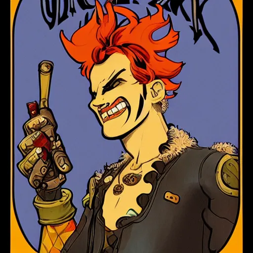 Prompt: junkrat from overwatch in the style of a 1 9 6 0 s art nouveau poster