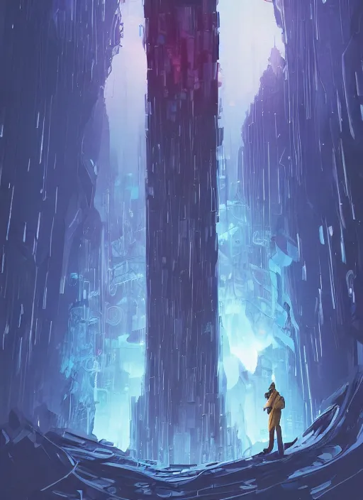 Image similar to comic book art of a [ man ] in trenchcoat with ( glowing ) [ gloves ] and [ boots ] in a [ jungle ] looking up at a [ tower ] extending into the sky made of crystalized glowing rock,, low angle, artstation illustration, elegant, cyberpunk, volumetric fog, arcane by tim doyle