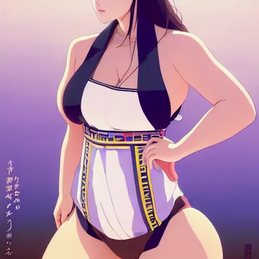 Image similar to a beautiful plus sized model japanese natalie portman, alluring plus sized model, wearing mayan leotard with elegant mayan apron overalls, street fashion hip hop style with mayan patterns, aztec street fashion, gapmoe yandere grimdark, trending on pixiv fanbox, painted by greg rutkowski makoto shinkai takashi takeuchi studio ghibli, akihiko yoshida