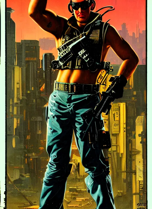 Image similar to cyberpunk mercenary. portrait by john philip falter and will eisner and gil elvgren