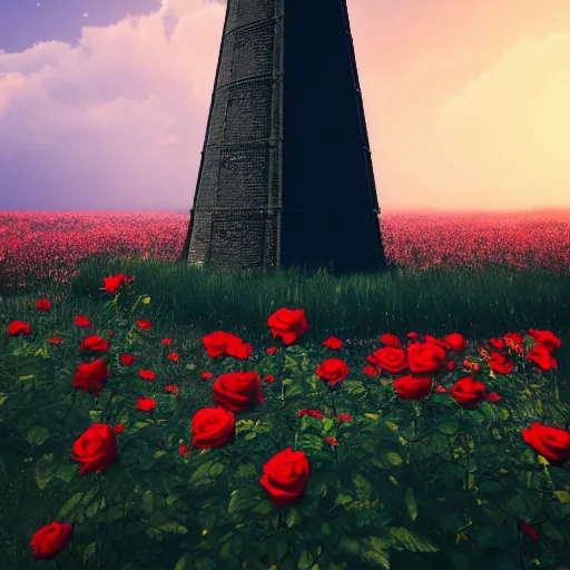 Prompt: photo of a dark tower in the center of a field of roses. golden hour. photorealism. 4 k trends on artstation. photo taken with canon mark 3