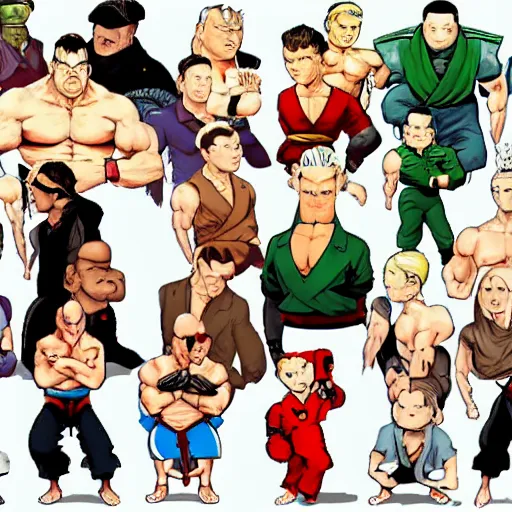 Image similar to all the street fighter characters in the style of tintin, comic