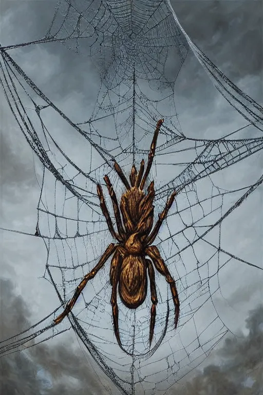 Image similar to a human caught in a giant spider web. art by tomasz alen kopera.