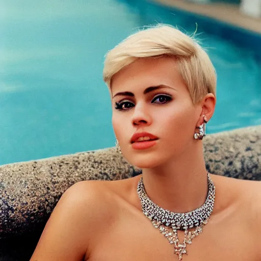 Image similar to a detailed portrait of a beautiful woman with short blond hair, look like model, wearing diamond earrings and necklace and rings, sitting in the pool, skinny, evening, los angeles landscape on background, 1 9 7 0 film photography