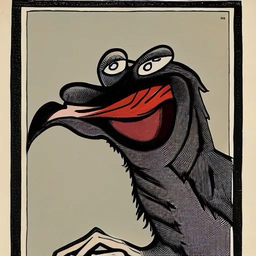 Image similar to caricature of a cartoon vulture with a sinister human - like face