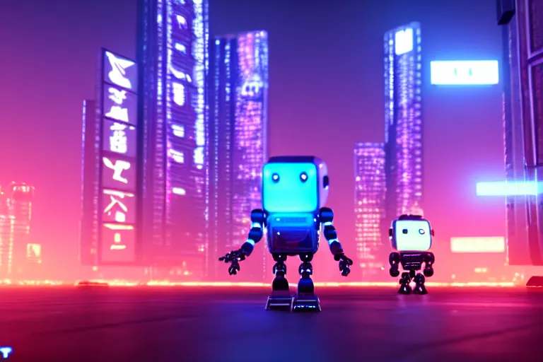 Image similar to a cute little robots in at cyberpunk city. super realistic 8 k render of a elegant, cinematic composition