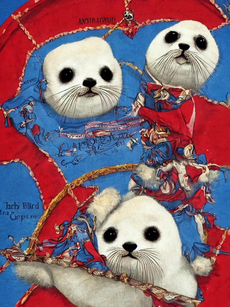 Image similar to baby harp seal at the circus, in the style of barnum and bailey, ringling brothers circus, circus, poster