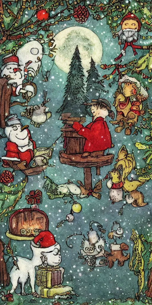 Prompt: an christmas greeting card scene by alexander jansson, joel fletcher, owen klatte, angie glocka, justin kohn, maurice sendak. christmas color palette.