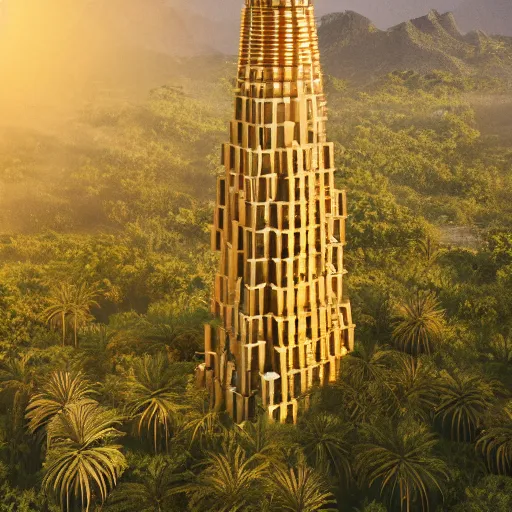 Prompt: photo of vertical golden tower, stacked ancient village, arid mountains and lush palm forest, photo realism, sharp focus, octane, golden hour